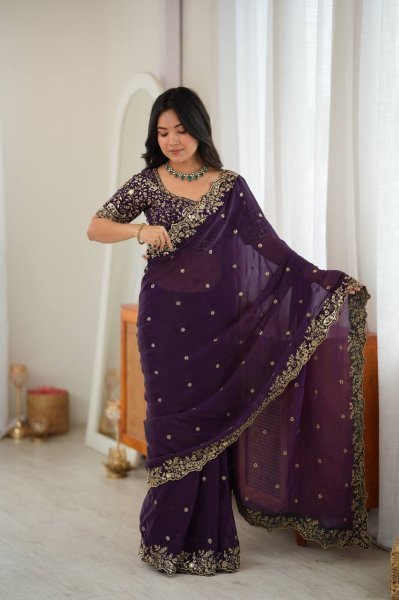 Versatile Purple Party Wear Fendy Silk Saree with Thread and Sequin Work at Wholesale Rate Silk Sarees Wholesale