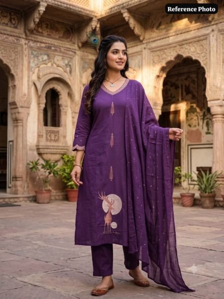 Versatile Purple Pure Cotton A Line Kurti Pant Dupatta Set with Embroidery for Wholesale Rate Cotton Kurtis Wholesale