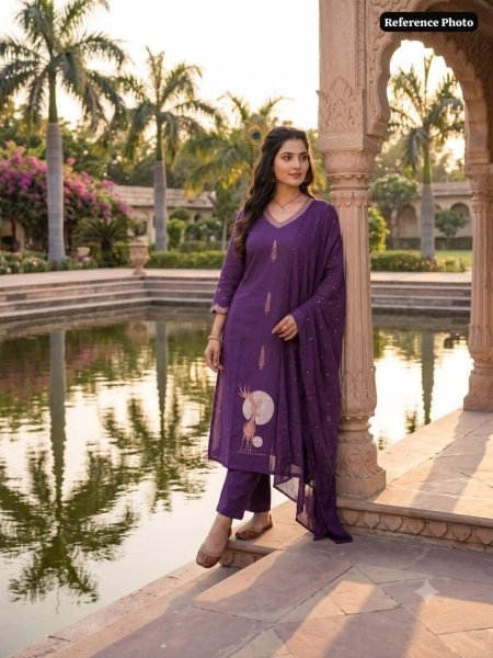 Versatile Purple Pure Cotton A Line Kurti Pant Dupatta Set with Embroidery for Wholesale Rate Embroidery Kurtis 