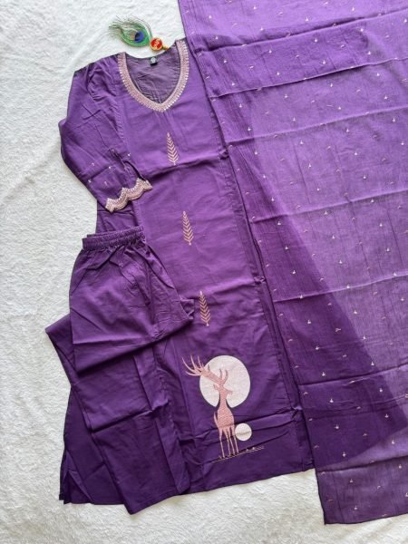 Versatile Purple Pure Cotton A Line Kurti Pant Dupatta Set with Embroidery for Wholesale Rate Embroidery Kurtis 