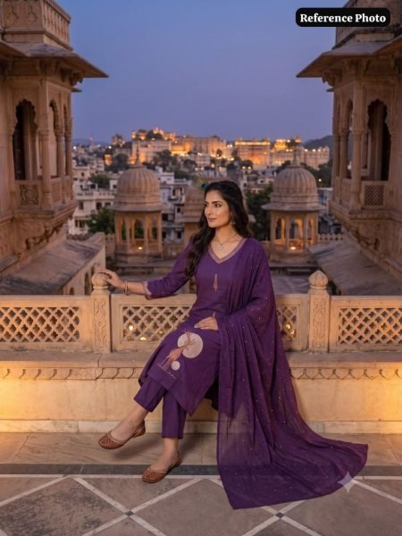 Versatile Purple Pure Cotton A Line Kurti Pant Dupatta Set with Embroidery for Wholesale Rate Embroidery Kurtis 
