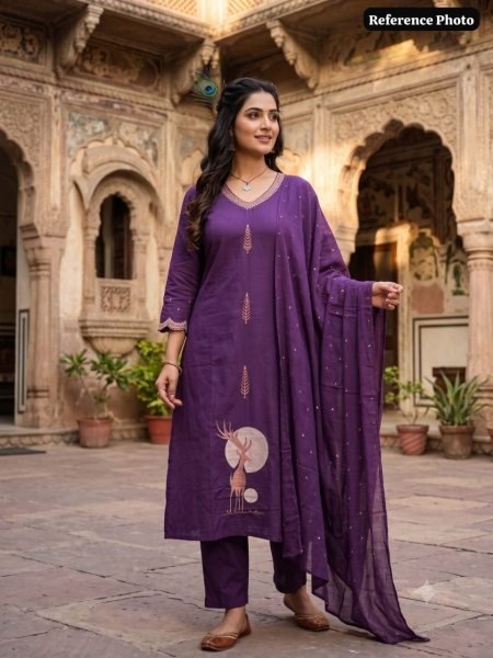 Versatile Purple Pure Cotton A Line Kurti Pant Dupatta Set with Embroidery for Wholesale Rate Embroidery Kurtis 