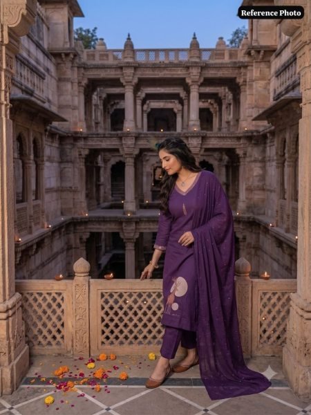 Versatile Purple Pure Cotton A Line Kurti Pant Dupatta Set with Embroidery for Wholesale Rate Embroidery Kurtis 