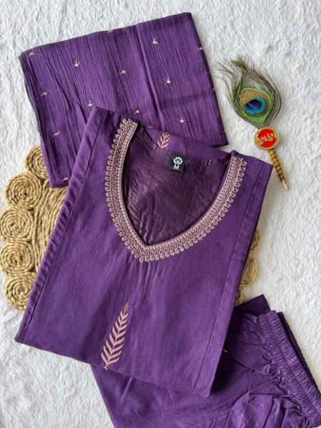 Versatile Purple Pure Cotton A Line Kurti Pant Dupatta Set with Embroidery for Wholesale Rate Embroidery Kurtis 