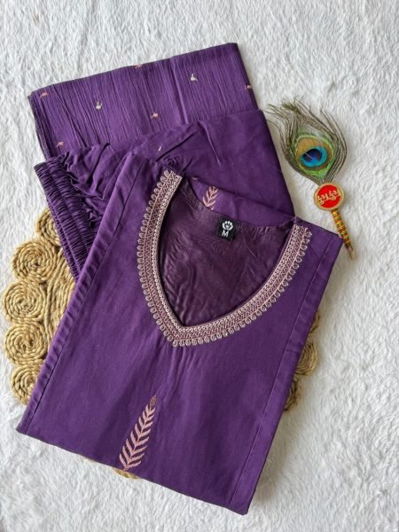 Versatile Purple Pure Cotton A Line Kurti Pant Dupatta Set with Embroidery for Wholesale Rate Embroidery Kurtis 