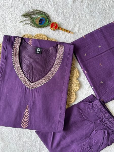 Versatile Purple Pure Cotton A Line Kurti Pant Dupatta Set with Embroidery for Wholesale Rate Embroidery Kurtis 