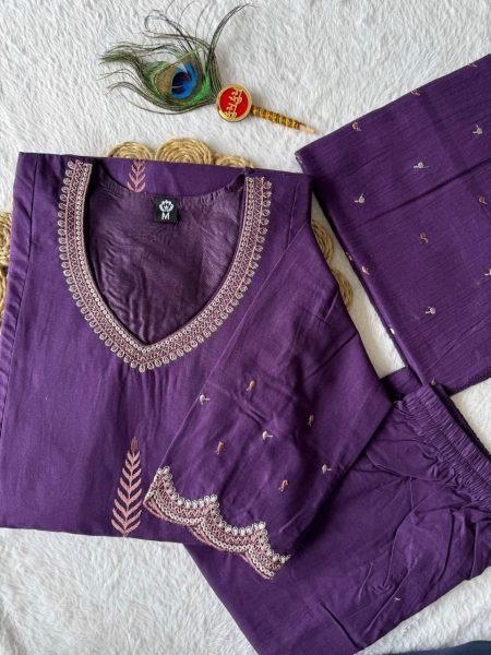 Versatile Purple Pure Cotton A Line Kurti Pant Dupatta Set with Embroidery for Wholesale Rate Embroidery Kurtis 