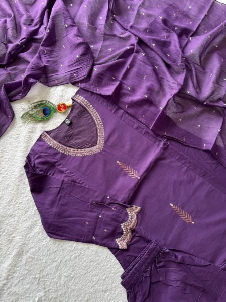 Versatile Purple Pure Cotton A Line Kurti Pant Dupatta Set with Embroidery for Wholesale Rate Embroidery Kurtis 
