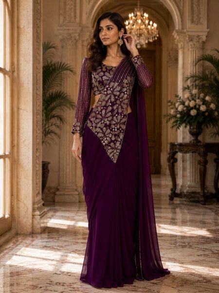 Versatile Purple Ready to Wear Saree with Heavy Zari and Semi Beads Embroidery 