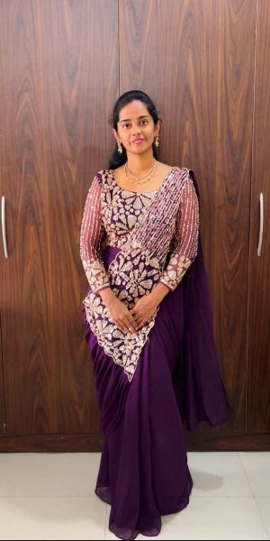 Versatile Purple Ready to Wear Saree with Heavy Zari and Semi Beads Embroidery Ready To Wear Saree 