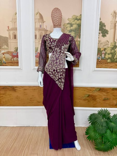Versatile Purple Ready to Wear Saree with Heavy Zari and Semi Beads Embroidery Ready To Wear Saree 