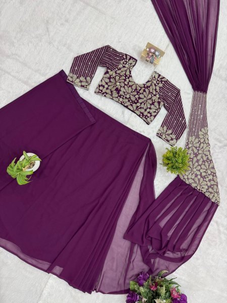 Versatile Purple Ready to Wear Saree with Heavy Zari and Semi Beads Embroidery Ready To Wear Saree 