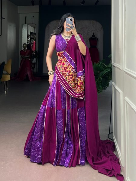 Versatile Purple Wine Rayon Tasar Silk Lehenga Choli with Matching Blouse and Dupatta Navratri Lehnega Choli