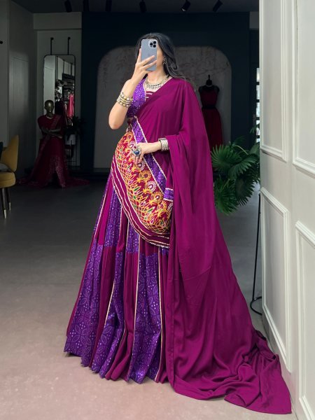 Versatile Purple Wine Rayon Tasar Silk Lehenga Choli with Matching Blouse and Dupatta Navratri Lehnega Choli
