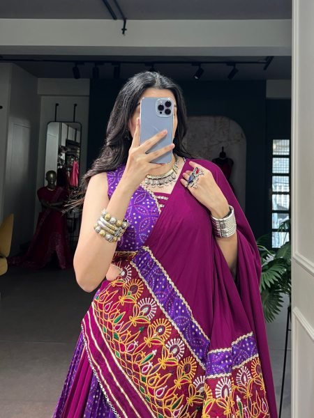 Versatile Purple Wine Rayon Tasar Silk Lehenga Choli with Matching Blouse and Dupatta Navratri Lehnega Choli