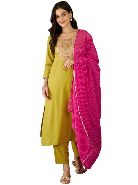 Versatile Rayon Embroidered Kurti Bottom Set with Georgette Dupatta for Ready to Wear  Straight Cut Long Kurtis