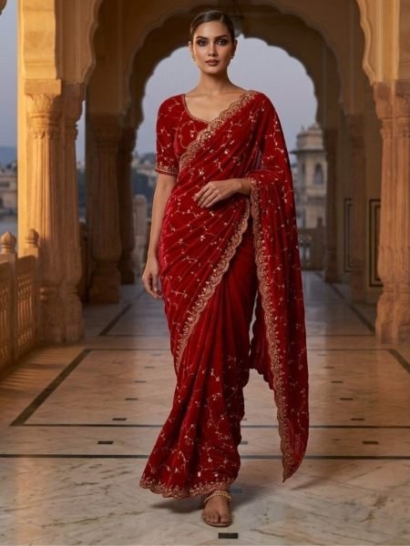 Versatile Red Designer Space Silk Saree with Beads and Cut Dana Embroidery For Wedding Sarees 