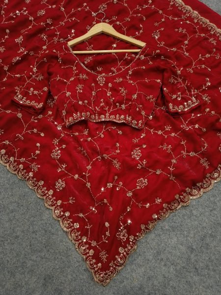 Versatile Red Designer Space Silk Saree with Beads and Cut Dana Embroidery For Wedding Silk Sarees Wholesale