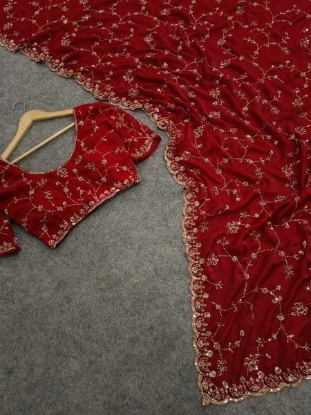 Versatile Red Designer Space Silk Saree with Beads and Cut Dana Embroidery For Wedding Silk Sarees Wholesale