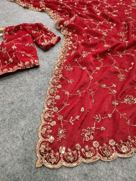 Versatile Red Designer Space Silk Saree with Beads and Cut Dana Embroidery For Wedding Silk Sarees Wholesale