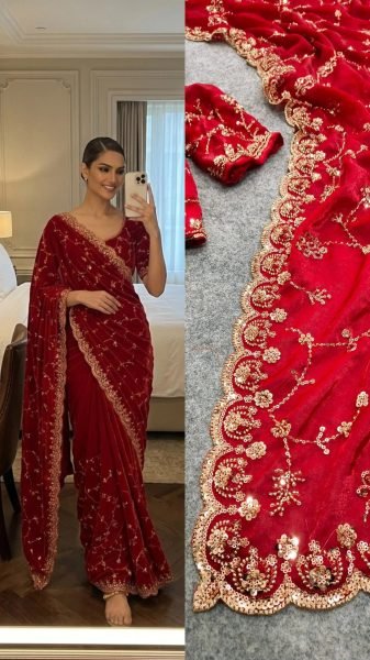 Versatile Red Designer Space Silk Saree with Beads and Cut Dana Embroidery For Wedding Silk Sarees Wholesale