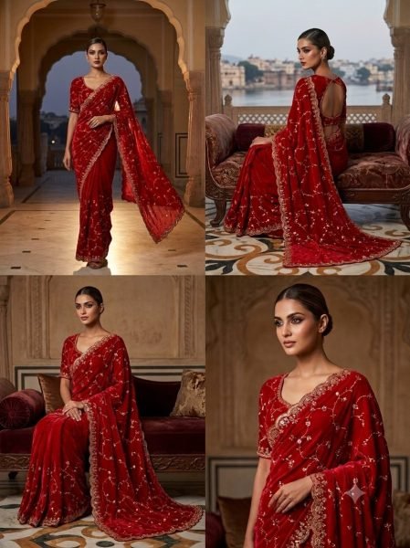 Versatile Red Designer Space Silk Saree with Beads and Cut Dana Embroidery For Wedding Silk Sarees Wholesale