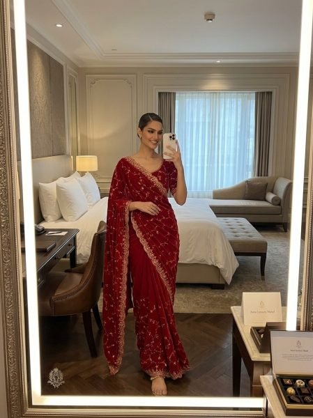 Versatile Red Designer Space Silk Saree with Beads and Cut Dana Embroidery For Wedding Silk Sarees Wholesale