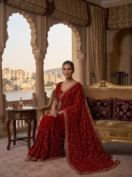 Versatile Red Designer Space Silk Saree with Beads and Cut Dana Embroidery For Wedding Silk Sarees Wholesale