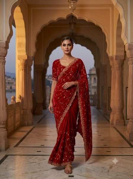 Versatile Red Designer Space Silk Saree with Beads and Cut Dana Embroidery For Wedding Silk Sarees Wholesale