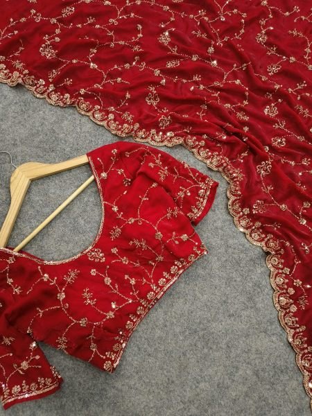 Versatile Red Designer Space Silk Saree with Beads and Cut Dana Embroidery For Wedding Silk Sarees Wholesale