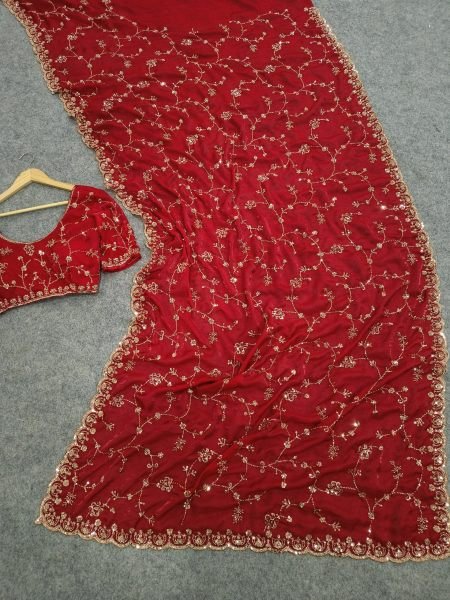 Versatile Red Designer Space Silk Saree with Beads and Cut Dana Embroidery For Wedding Silk Sarees Wholesale