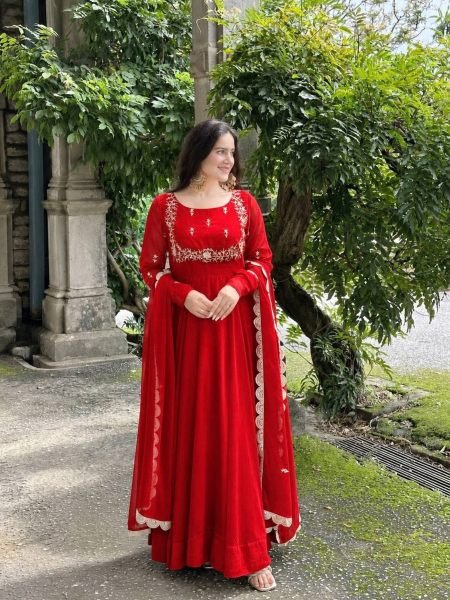 Versatile Red Fox Georgette Gown Dupatta Set with Sequin Work For Festival Collection Ready To Wear Suit
