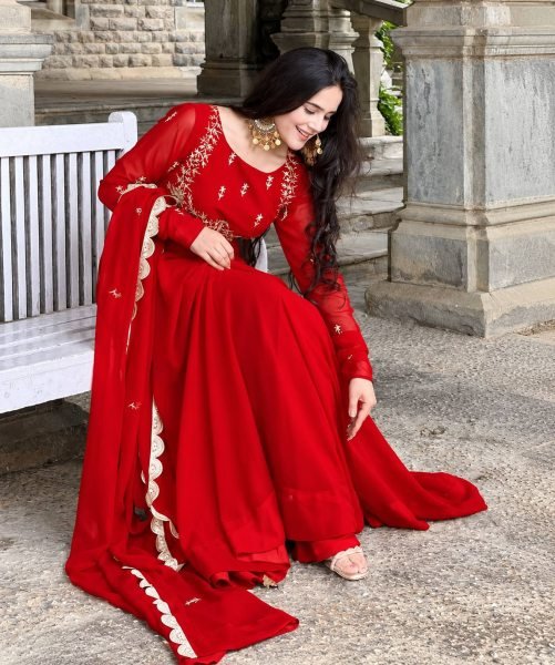 Versatile Red Fox Georgette Gown Dupatta Set with Sequin Work For Festival Collection Ready To Wear Collection