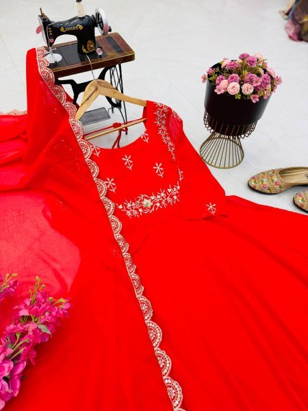 Versatile Red Fox Georgette Gown Dupatta Set with Sequin Work For Festival Collection Ready To Wear Collection