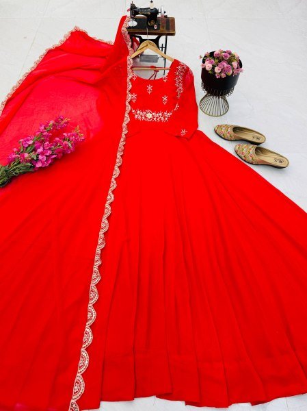 Versatile Red Fox Georgette Gown Dupatta Set with Sequin Work For Festival Collection Ready To Wear Collection