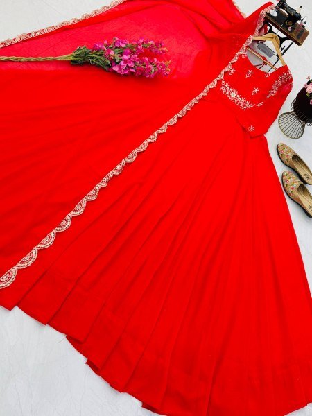 Versatile Red Fox Georgette Gown Dupatta Set with Sequin Work For Festival Collection Ready To Wear Collection