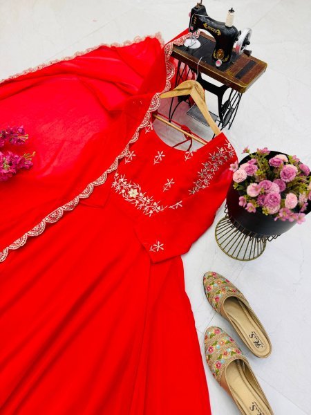 Versatile Red Fox Georgette Gown Dupatta Set with Sequin Work For Festival Collection Ready To Wear Collection