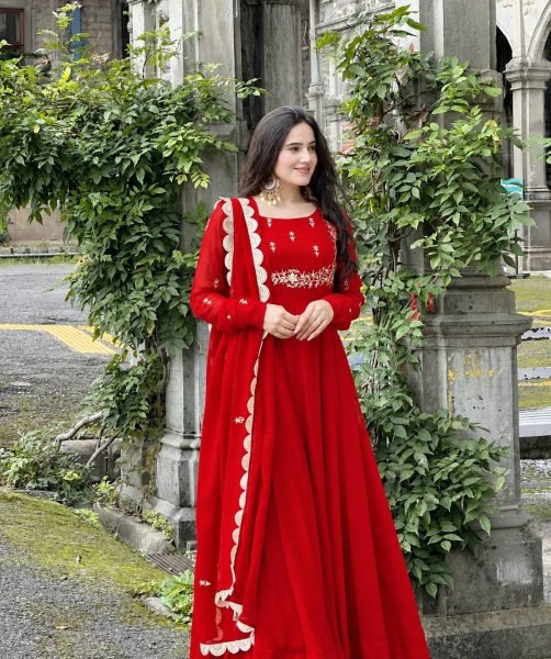 Versatile Red Fox Georgette Gown Dupatta Set with Sequin Work For Festival Collection Ready To Wear Collection