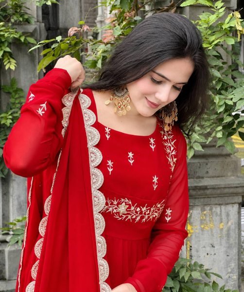 Versatile Red Fox Georgette Gown Dupatta Set with Sequin Work For Festival Collection Ready To Wear Collection