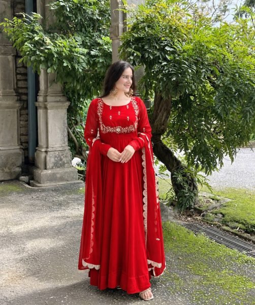 Versatile Red Fox Georgette Gown Dupatta Set with Sequin Work For Festival Collection Ready To Wear Collection