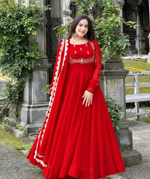 Versatile Red Fox Georgette Gown Dupatta Set with Sequin Work For Festival Collection Ready To Wear Collection