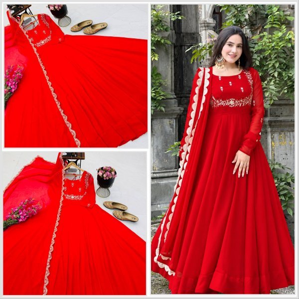 Versatile Red Fox Georgette Gown Dupatta Set with Sequin Work For Festival Collection Ready To Wear Collection