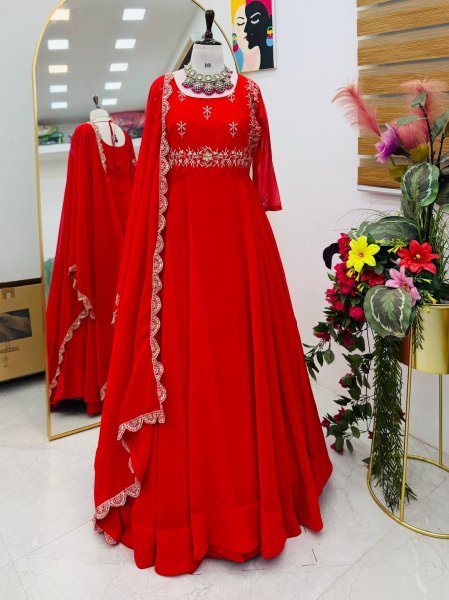 Versatile Red Fox Georgette Gown Dupatta Set with Sequin Work For Festival Collection Ready To Wear Collection