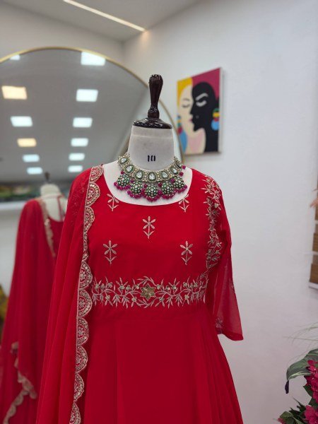 Versatile Red Fox Georgette Gown Dupatta Set with Sequin Work For Festival Collection Ready To Wear Collection
