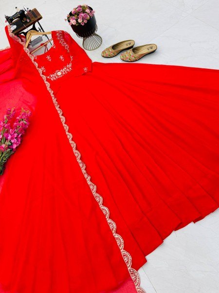 Versatile Red Fox Georgette Gown Dupatta Set with Sequin Work For Festival Collection Ready To Wear Collection