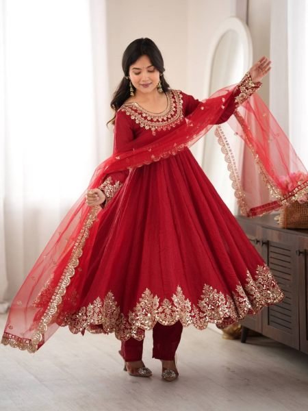 Versatile Red Karwa Chauth Special Doremon Crush Top Bottom Dupatta Set For Festival Ready To Wear Suit