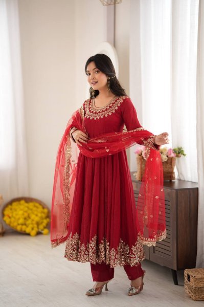 Versatile Red Karwa Chauth Special Doremon Crush Top Bottom Dupatta Set For Festival Ready To Wear Collection