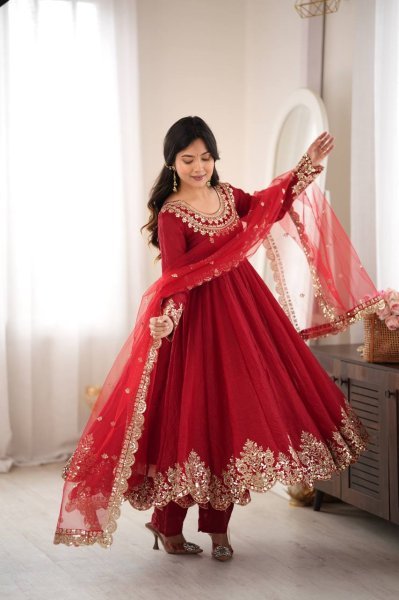 Versatile Red Karwa Chauth Special Doremon Crush Top Bottom Dupatta Set For Festival Ready To Wear Collection