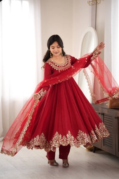 Versatile Red Karwa Chauth Special Doremon Crush Top Bottom Dupatta Set For Festival Ready To Wear Collection