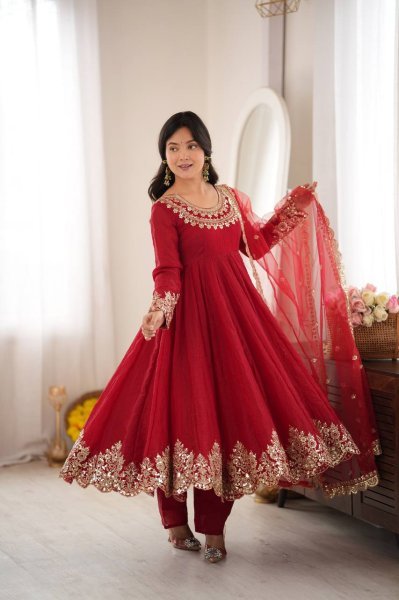 Versatile Red Karwa Chauth Special Doremon Crush Top Bottom Dupatta Set For Festival Ready To Wear Collection